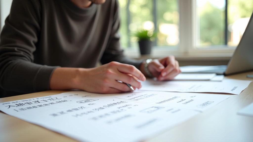 Designer's desk showing navigation sketches with English and Tagalog text labels, measuring tape and color swatches visible