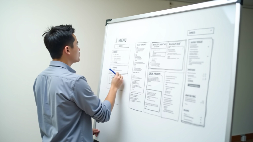 Designer sketching navigation menu layouts on whiteboard with annotations showing text wrapping patterns and language considerations