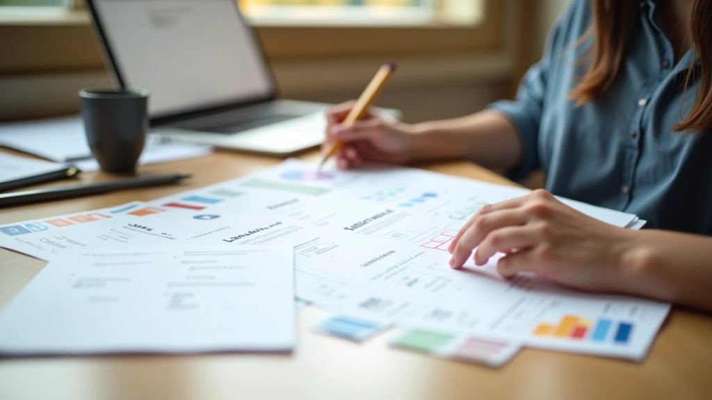 Designer sketching wireframes for bilingual menu layouts on paper at desk