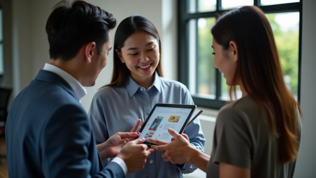 Team discussing bilingual website navigation on tablet