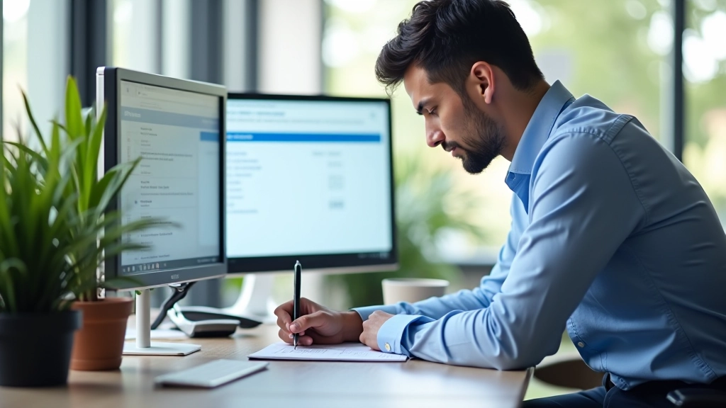 Web designer working on bilingual navigation mockups at modern workspace